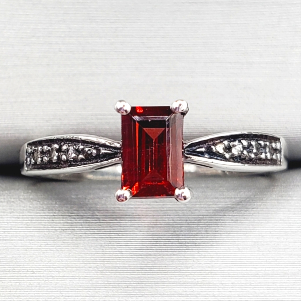 Genuine Emerald Cut Garnet & Diamond Accent 925 Sterling Silver Ring